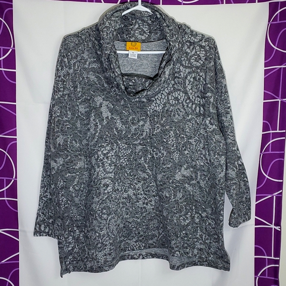 Ruby Rd. Grey 3/4 Sleeve Open Lace Pattern Cowl Neck Sweater/Shirt - Sz XLarge